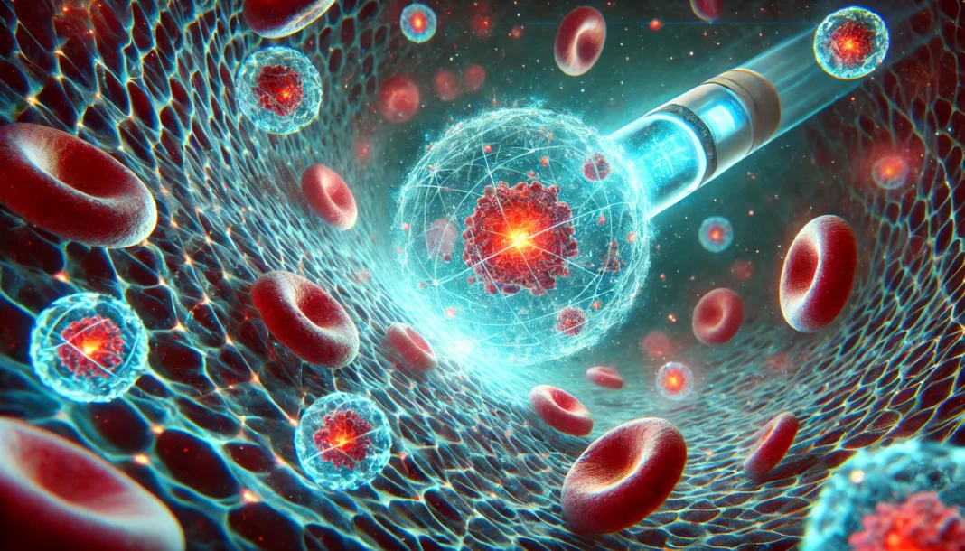 A microscopic view of nanotechnology-based cancer treatment, where glowing nanobots navigate the bloodstream to target and destroy cancer cells.