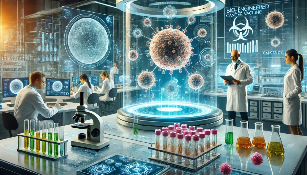 Scientists developing a bioengineered cancer vaccine in a high-tech laboratory, analyzing immune responses while a screen shows engineered T-cells attacking cancer cells.