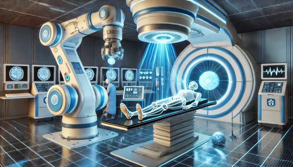 A next-generation radiotherapy treatment room where an AI-controlled robotic system delivers precise radiation beams to a patient, with futuristic medical imaging displays.
