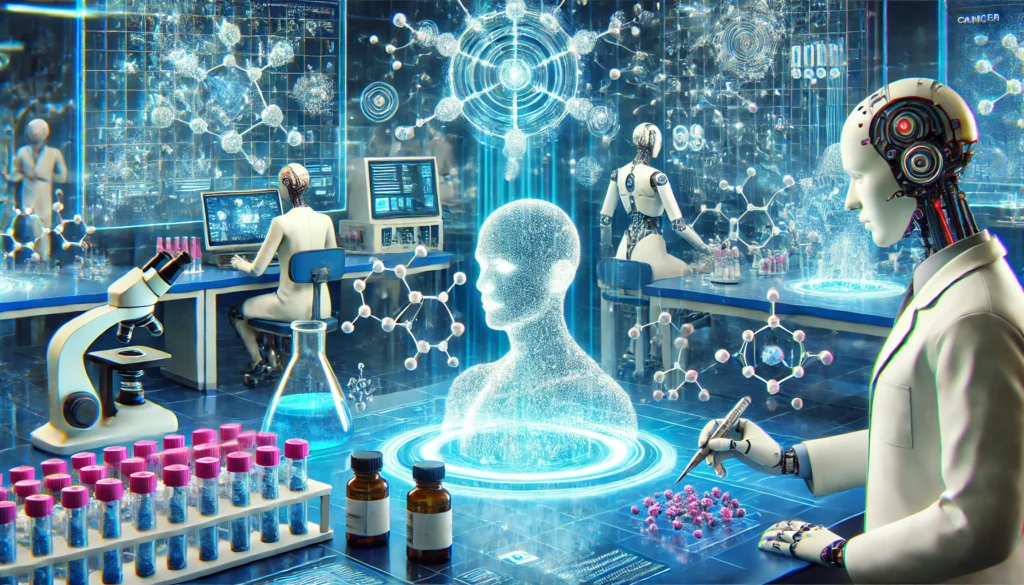 A futuristic AI-powered drug discovery lab where scientists utilize quantum computing and machine learning to develop personalized cancer treatments. Holographic molecular structures and robotic automation enhance the high-tech research environment.