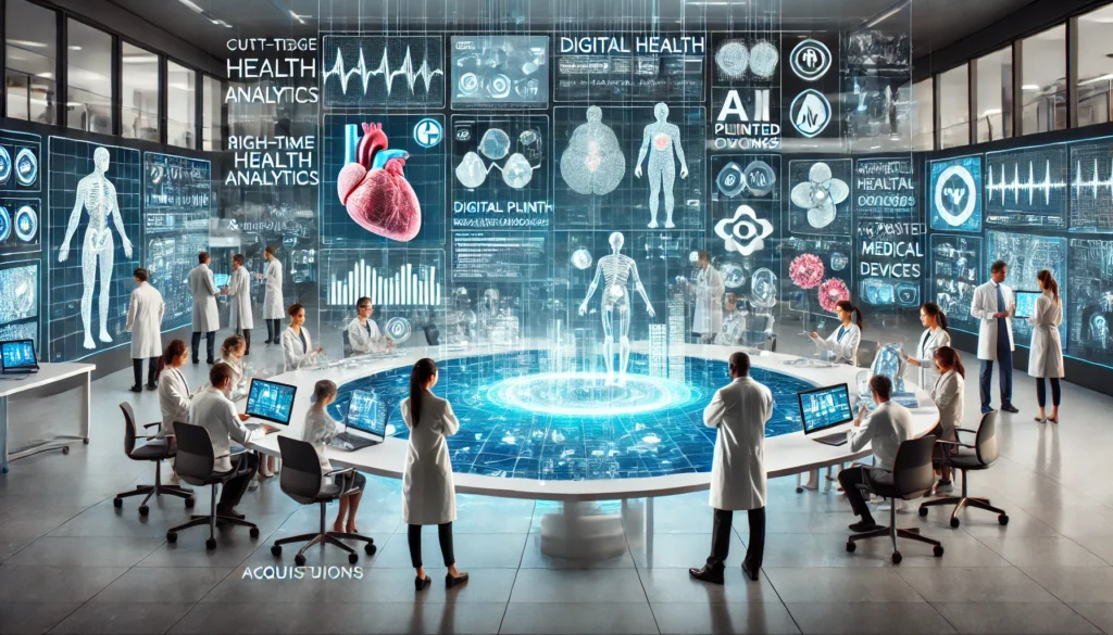 High-tech medical research facility where scientists and doctors work with transparent touchscreens, AI-assisted devices, and 3D printed organs, representing innovation in digital health.