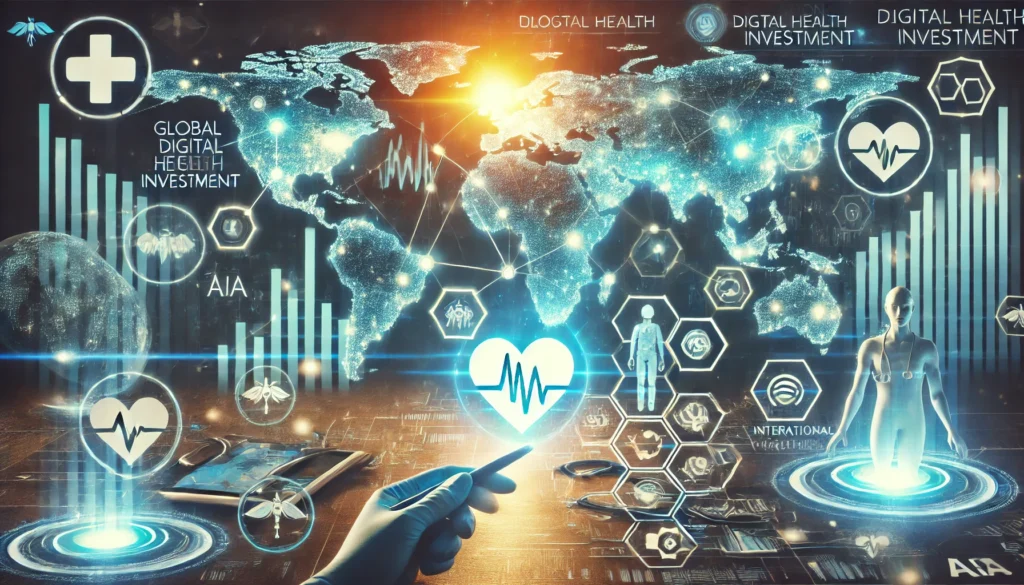 Global digital health investment concept with a glowing world map, interconnected financial graphs, and futuristic medical technologies floating around the globe.