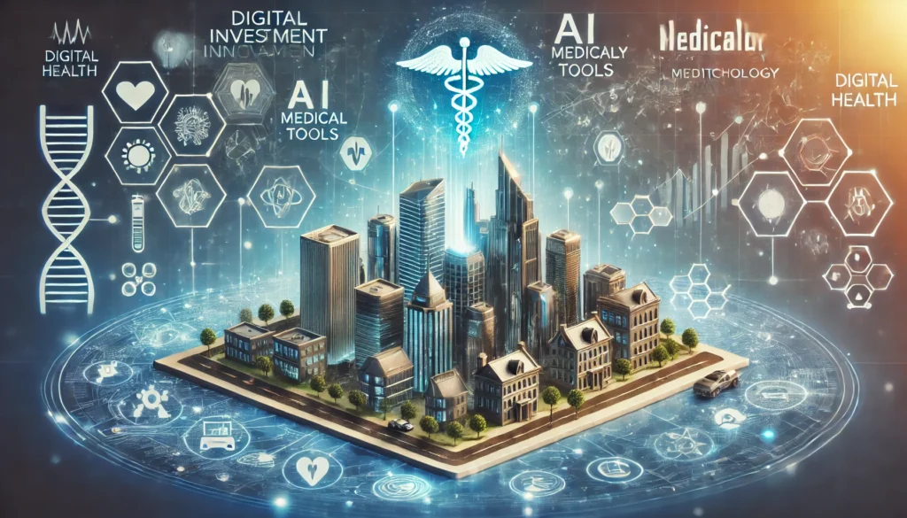 Futuristic digital health ecosystem with biotech company buildings linked by holographic lines, floating data visualizations, and medical innovation symbols.