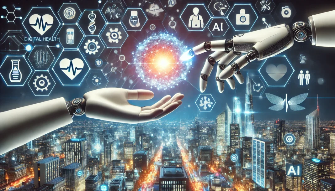 Human and robotic hands exchanging a glowing orb of data above a digital cityscape filled with biotech labs and AI-driven health technologies, symbolizing partnership and investment.