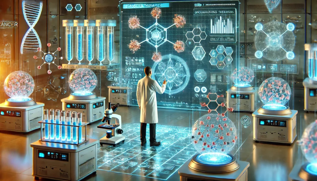 A high-tech laboratory featuring advanced cancer research. Scientists in white lab coats work with glowing bioreactors, holographic medical displays, and molecular models, symbolizing cutting-edge therapy development.