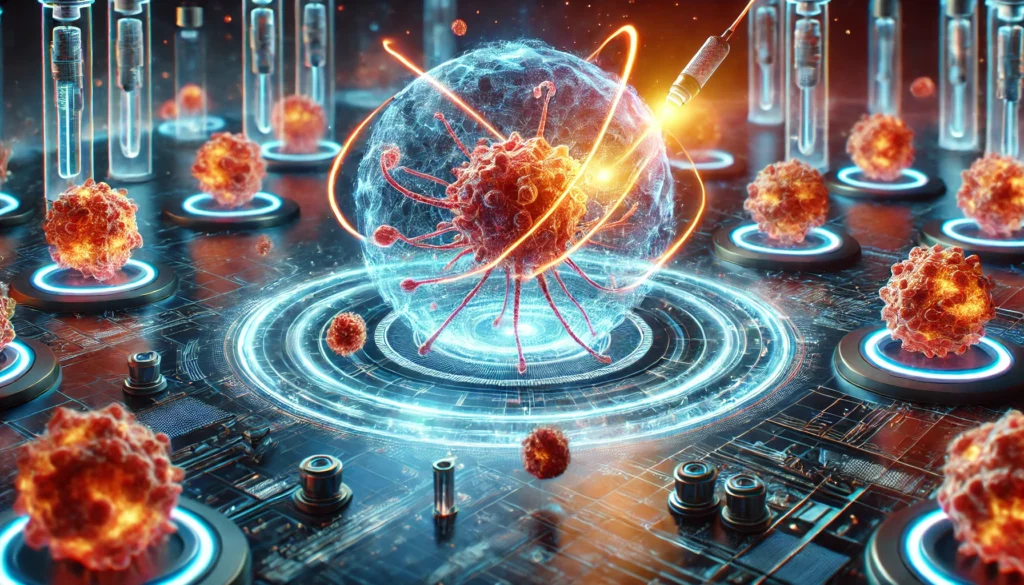 A visually striking representation of T-cells attacking cancer cells. Glowing energy lines emphasize the power of immunotherapy in a high-tech sci-fi medical setting.