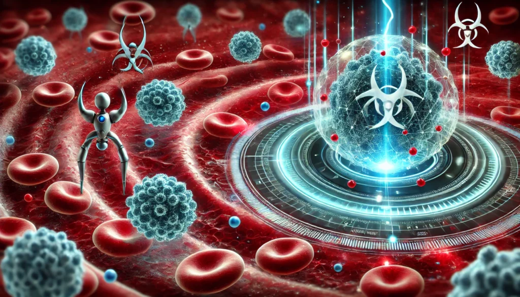 A futuristic depiction of microscopic nanobots navigating through the bloodstream, precisely targeting and destroying cancer cells. The glowing, high-tech setting highlights the advancements of medical nanotechnology.