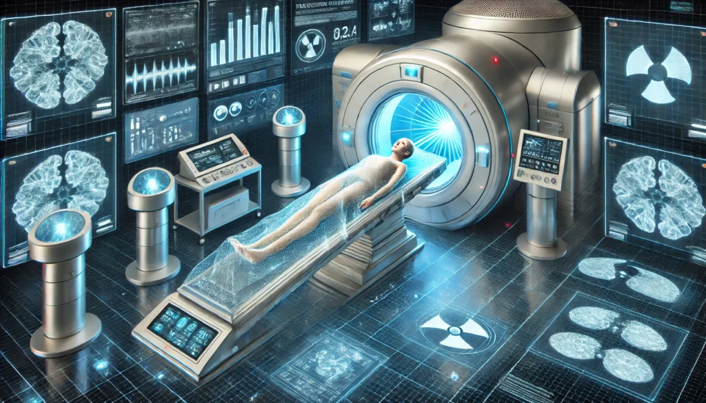 A high-tech medical chamber where a patient undergoes precise proton therapy. A focused beam of protons targets cancer cells, surrounded by holographic treatment data and cutting-edge medical technology.