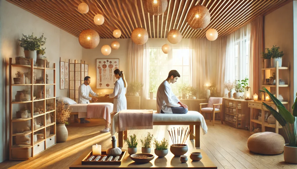 A warm, healing space where a patient receives acupuncture while others engage in herbal medicine preparation and massage therapy.