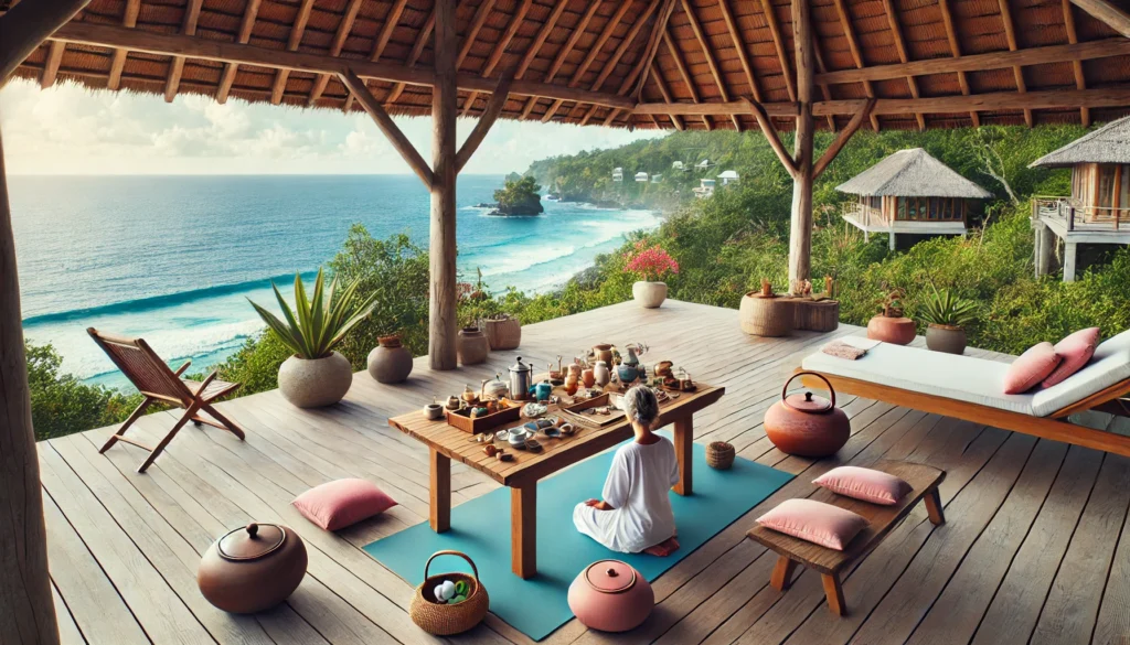 Patients practicing yoga and tai chi on a wooden deck overlooking the sea, with a focus on holistic wellness, healthy food, and herbal teas.