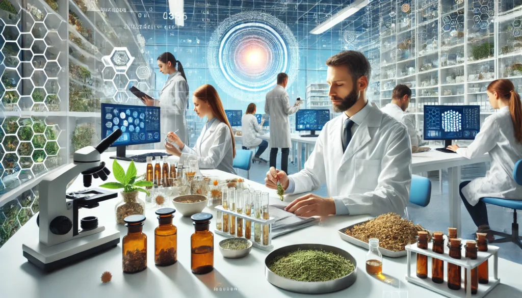 Scientists analyzing natural remedies, working with cutting-edge technology, and discussing findings in a modern lab setting.