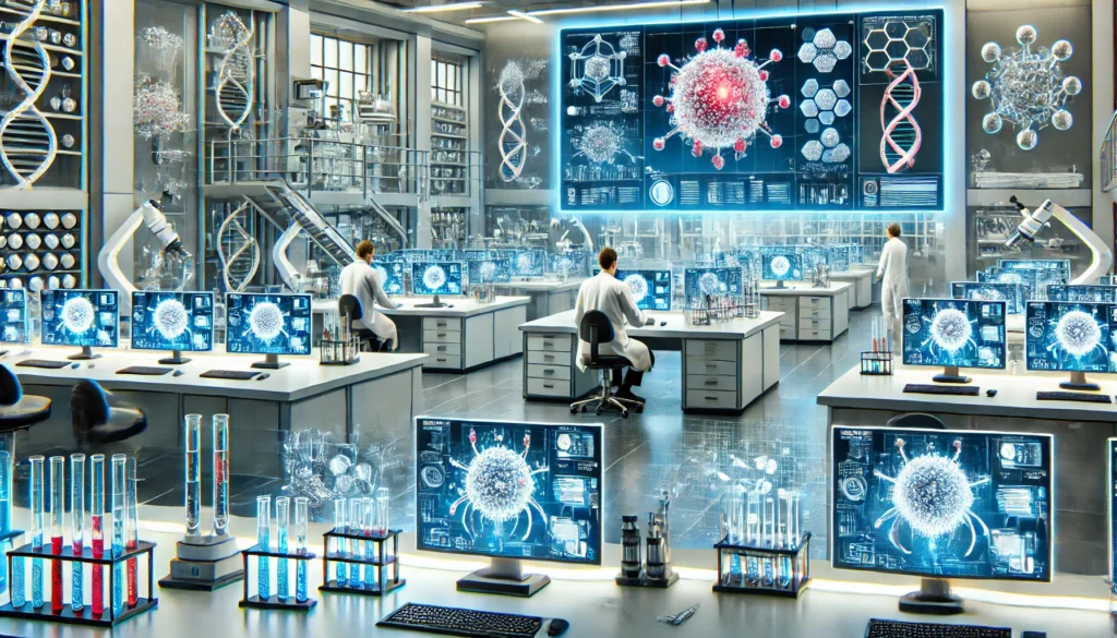 A futuristic biotechnology laboratory where scientists are conducting advanced nanomedicine research, with digital displays of nanorobots and nanoparticles and cutting-edge lab equipment on modern workstations.