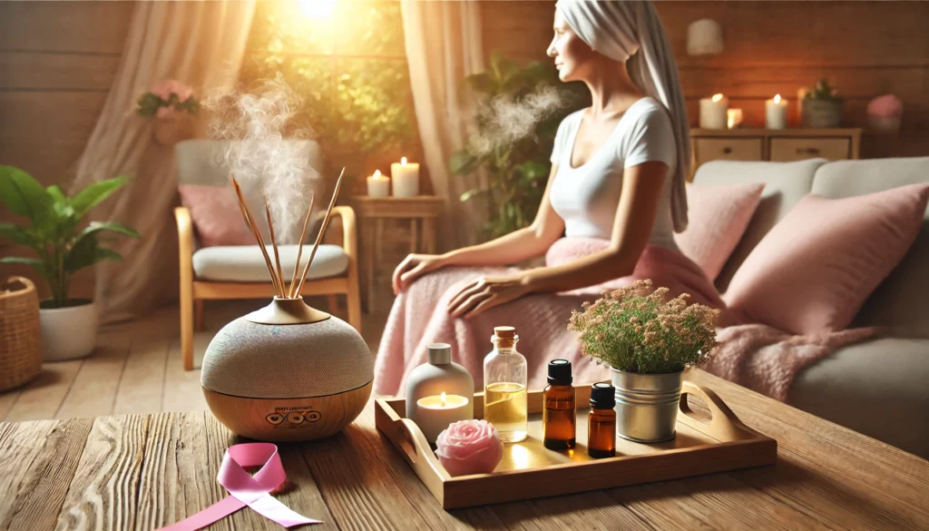A breast cancer patient relaxes in a tranquil setting while inhaling soothing scents from essential oil diffusers. A wooden tray holds various essential oils, and soft, natural lighting enhances the serene atmosphere, promoting relaxation and holistic healing.