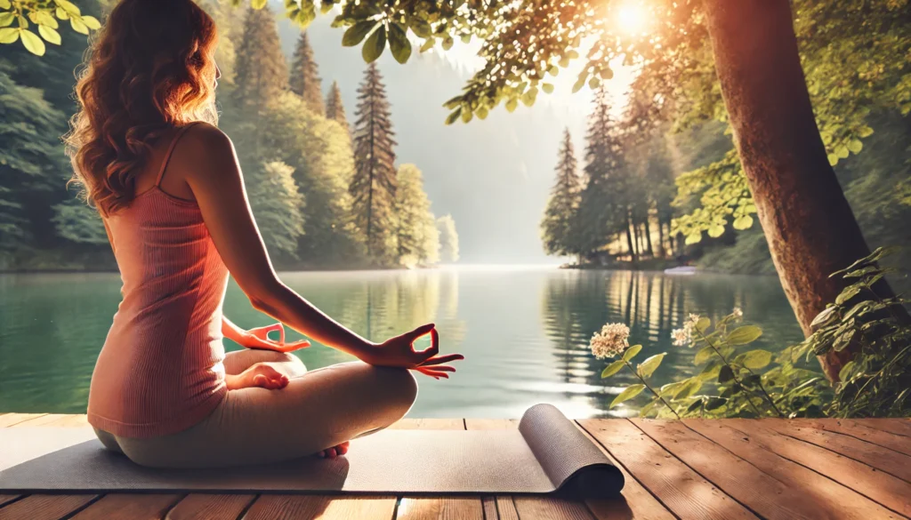 A breast cancer patient practices gentle yoga and meditation outdoors, surrounded by nature. The scene features a tranquil lake or forest backdrop, soft sunlight filtering through trees, and a peaceful atmosphere promoting relaxation, mindfulness, and holistic healing.