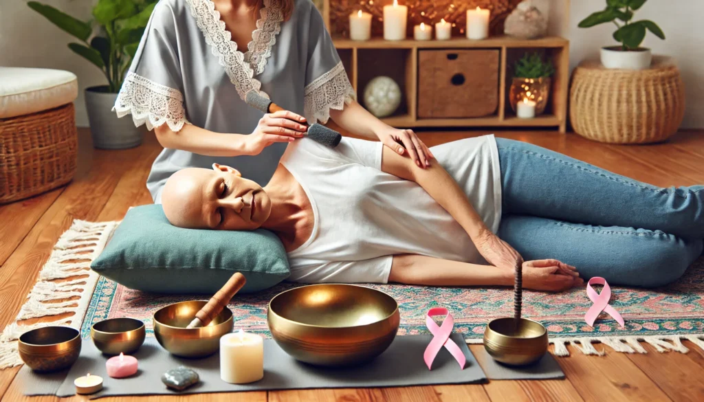 A breast cancer patient lies comfortably on a soft mat while a holistic practitioner performs a sound healing session using Tibetan singing bowls and chimes. The peaceful setting features candles, crystals, and soft ambient lighting, creating a serene atmosphere for relaxation and holistic healing.