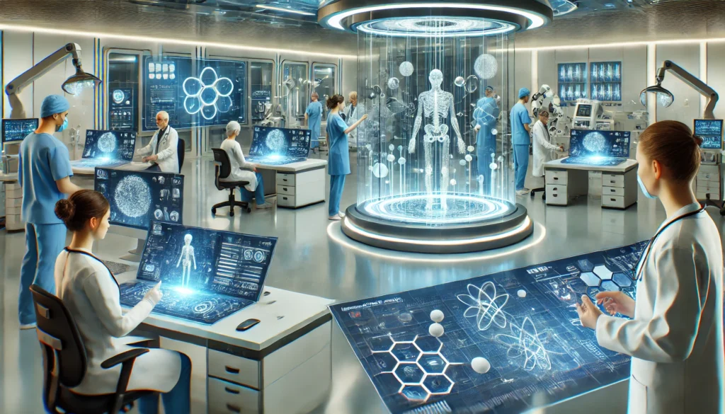 Futuristic hospital research lab with doctors and scientists analyzing holographic data and 3D molecular models, assisted by advanced robotic arms and medical technology.