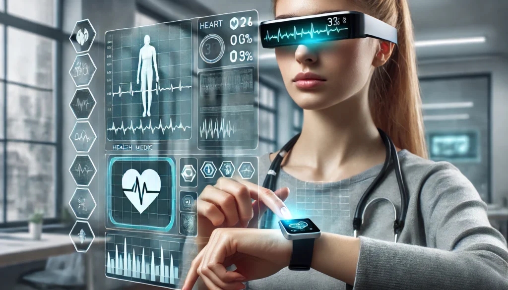 A patient using futuristic wearable medical devices, including an advanced smartwatch and AR glasses, projecting real-time health data such as heart rate and oxygen levels on a sleek augmented reality dashboard