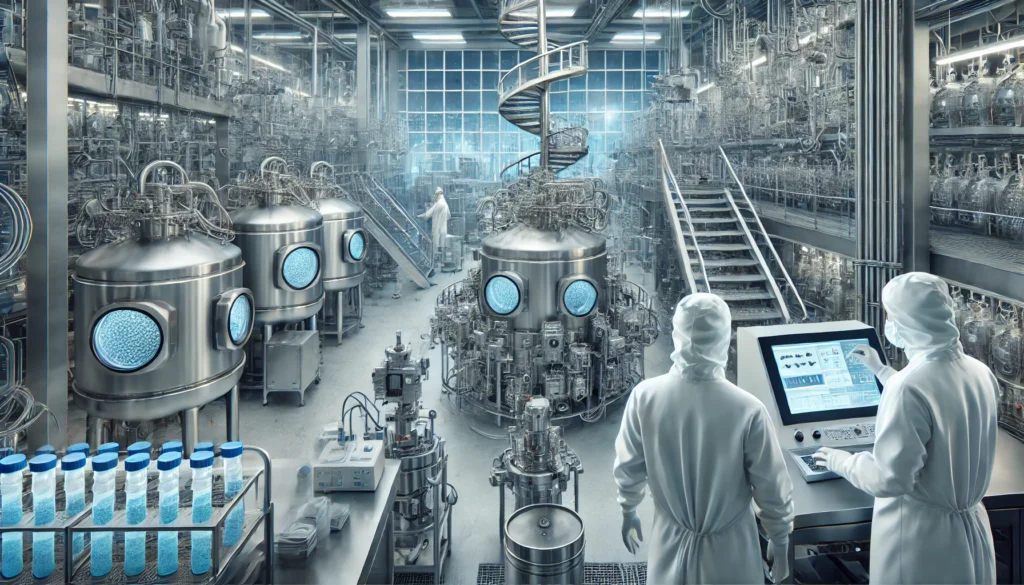 Biotechnology manufacturing facility with scientists in sterile suits monitoring automated bioreactors and precision instruments, producing advanced medical treatments.