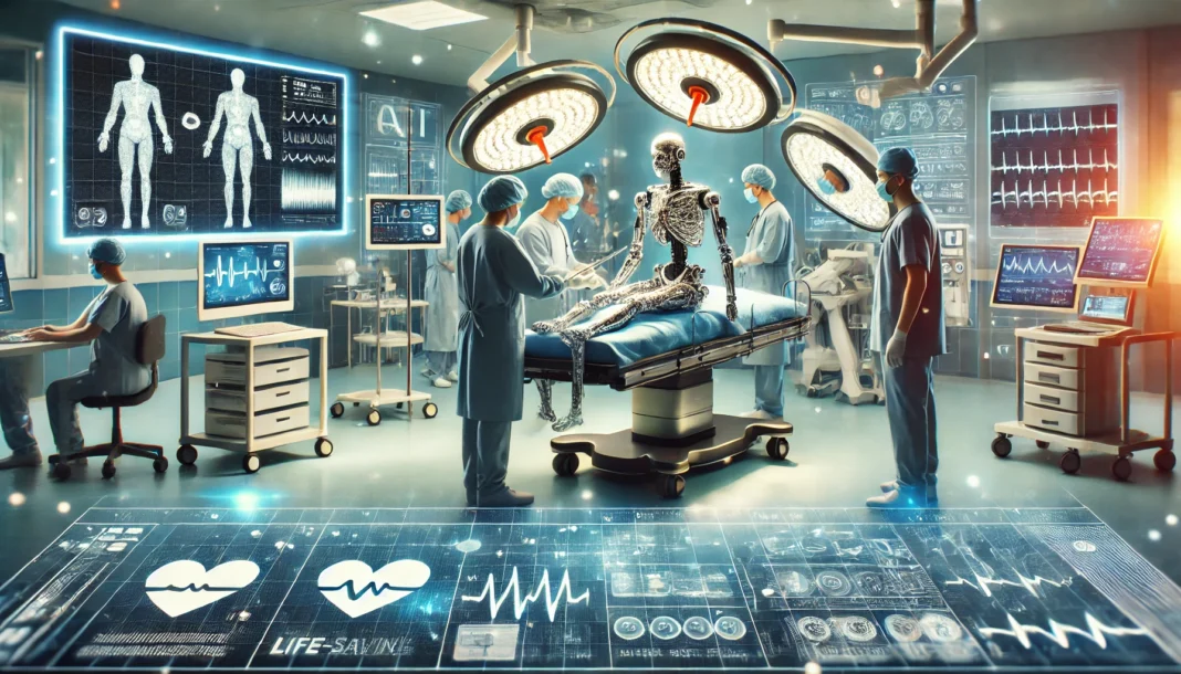 Modern hospital scene where doctors use AI-powered diagnostic tools and robotic-assisted surgery systems to deliver life-saving treatments, with digital health data displays.
