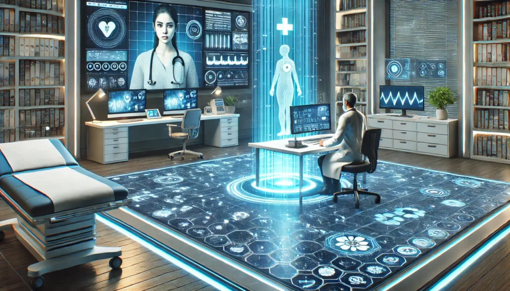 A futuristic telemedicine setup where a doctor communicates with a patient via a holographic interface, surrounded by AI diagnostic tools, medical monitors, and a virtual clinic with interactive holographic displays.