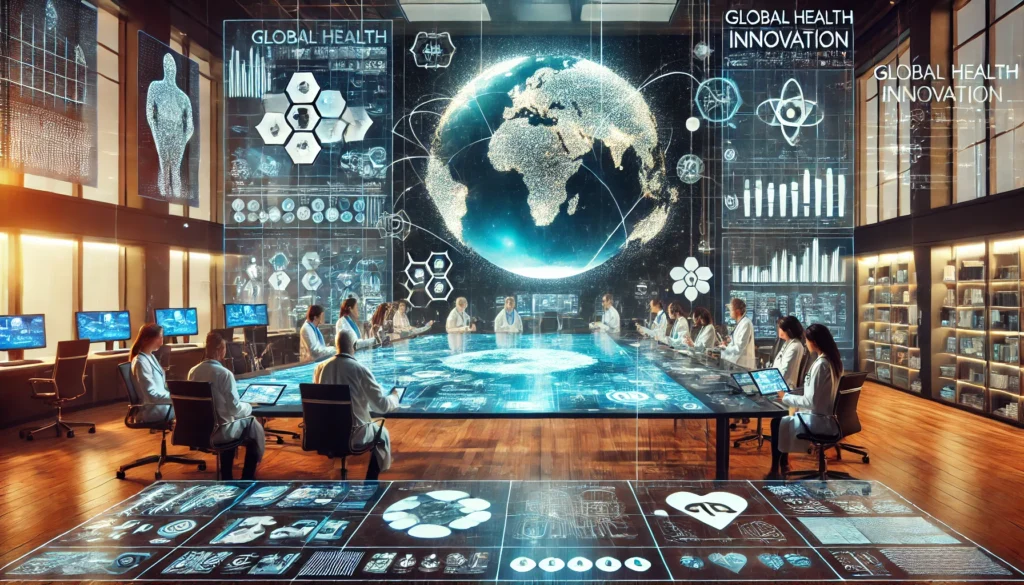 Global health innovation hub with diverse researchers collaborating using large digital world maps, interactive touchscreens, and advanced communication technology.