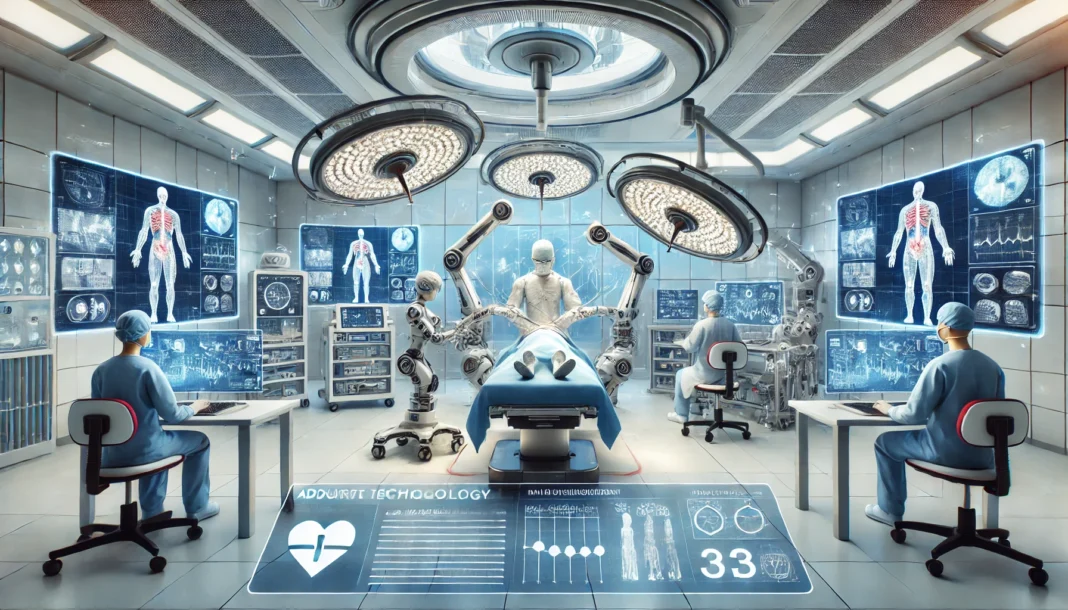 A futuristic hospital operating room featuring robotic surgical arms performing a high-tech procedure, with doctors overseeing AI-powered medical devices and holographic patient data displays.