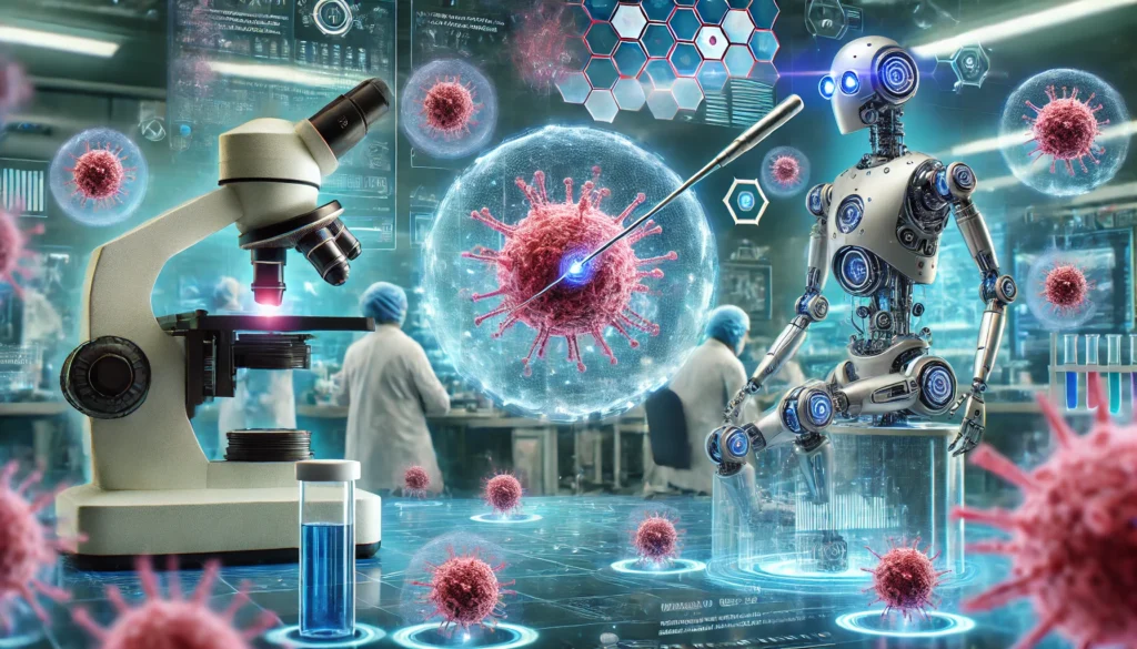 Microscopic robotic particles targeting cancer cells with high precision.