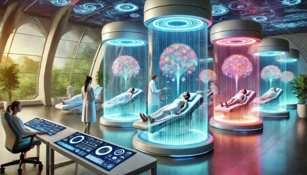 Patients receiving therapy in futuristic pods with AI-monitored treatment.