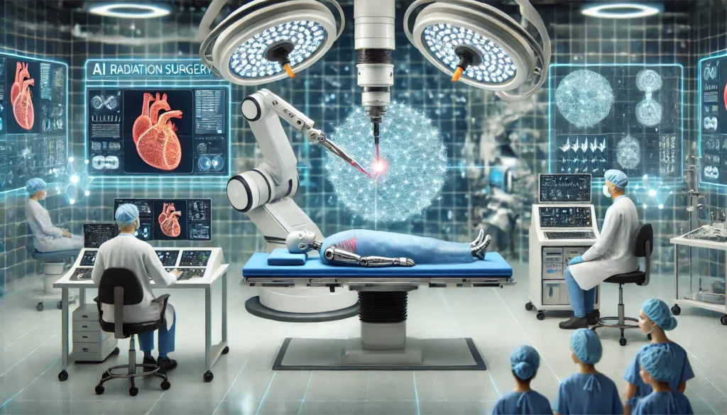 An advanced robotic surgery center where AI-guided robotic arms perform precise, non-invasive cancer treatments while doctors monitor the process.