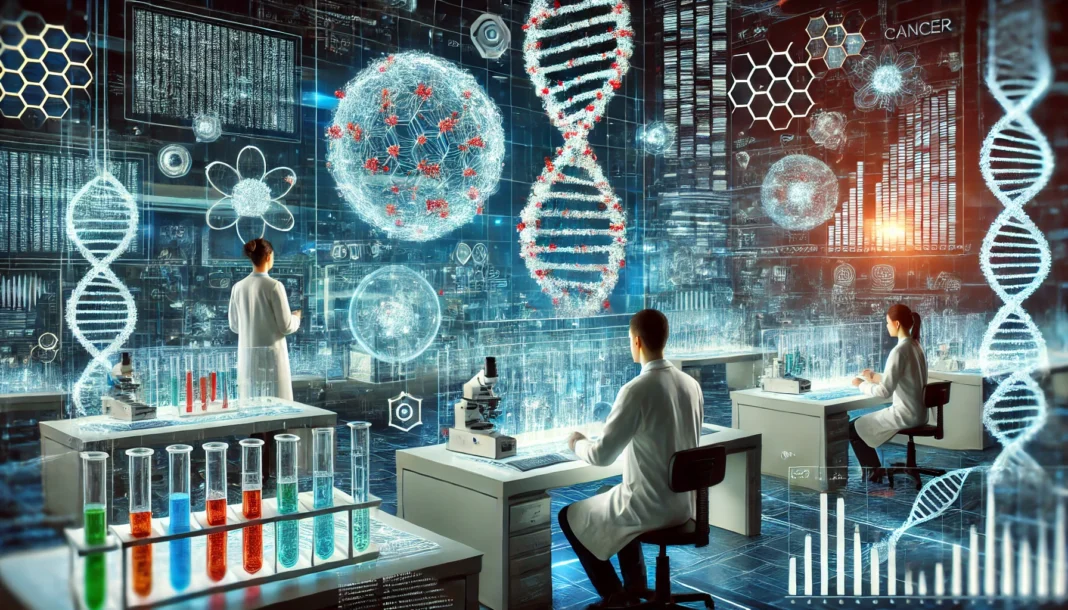 A high-tech lab with scientists examining molecular structures and DNA sequences on holographic displays, symbolizing the impact of cancer research.
