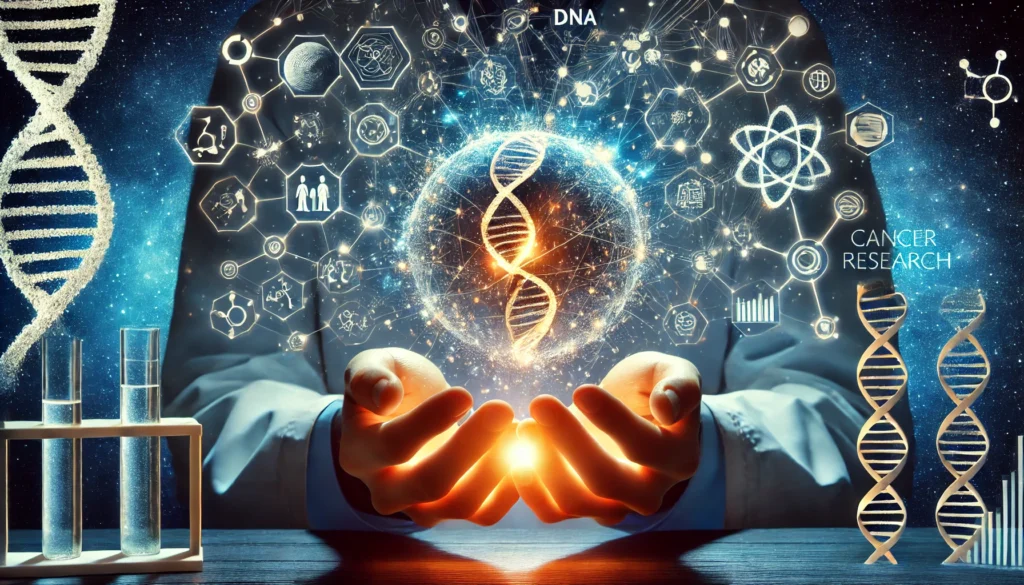 A researcher’s hands holding a glowing DNA helix that transforms into a network of connected research papers, set against a deep cosmic blue background.