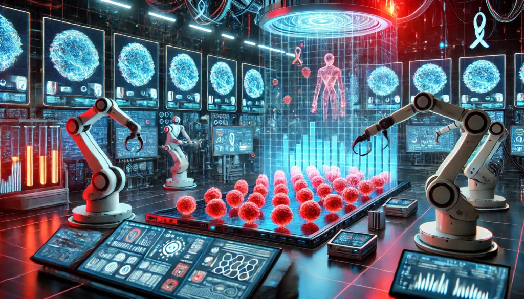 A high-tech research lab where robotic arms and AI-powered screens analyze cancer cells, illuminated by neon blue and red lights.