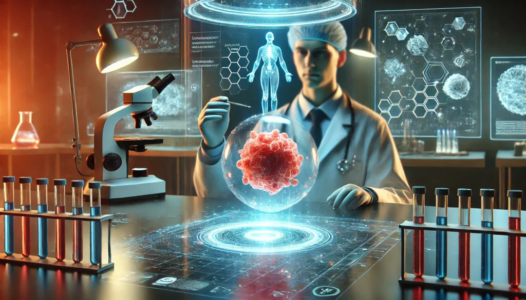 A scientist examines a glowing 3D model of a cancer cell suspended in mid-air, surrounded by soft blue and red hues, symbolizing innovation in cancer treatment.