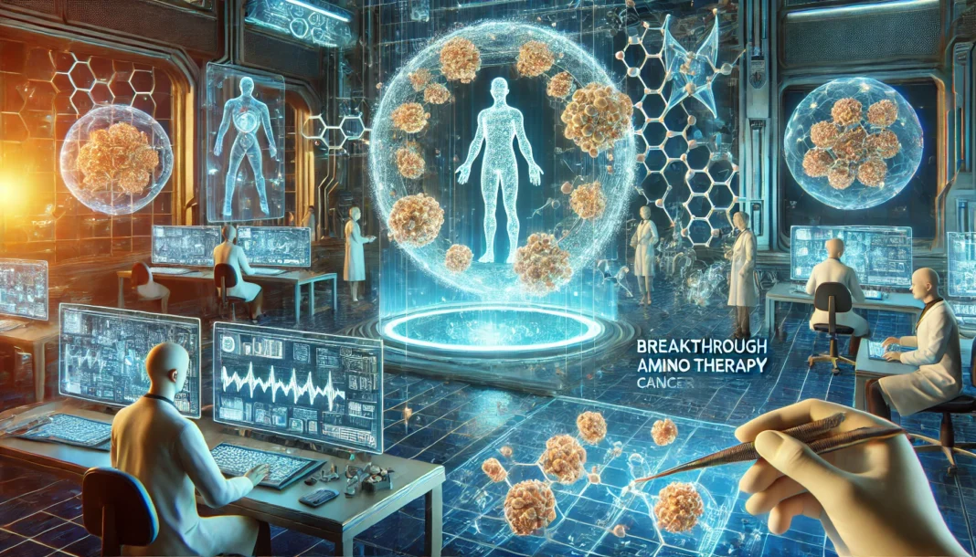 A futuristic depiction of scientists working in a cutting-edge lab, analyzing glowing molecular structures of amino acids with advanced medical equipment and holographic displays showing cancer cells being targeted.