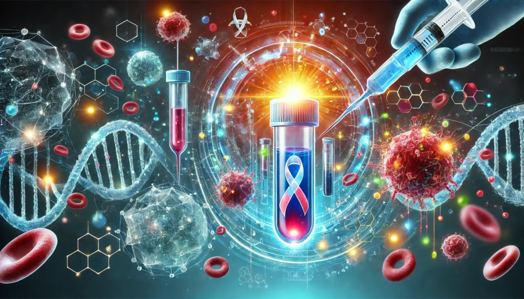 A dynamic representation of an amino-based treatment being infused into the bloodstream, visualized as glowing therapeutic agents dissolving cancer cells, symbolizing medical progress and hope.