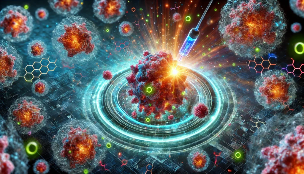 A highly detailed, magnified view of cancer cells being dismantled by glowing amino acid-based particles, with vibrant sci-fi colors showcasing the precision of the therapy.