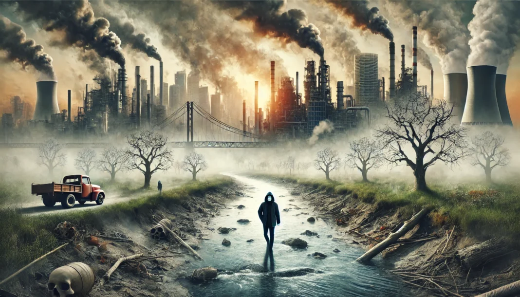 Depicts an industrial city with thick smog, polluted water, and a person wearing a protective mask, symbolizing the impact of environmental hazards on health.