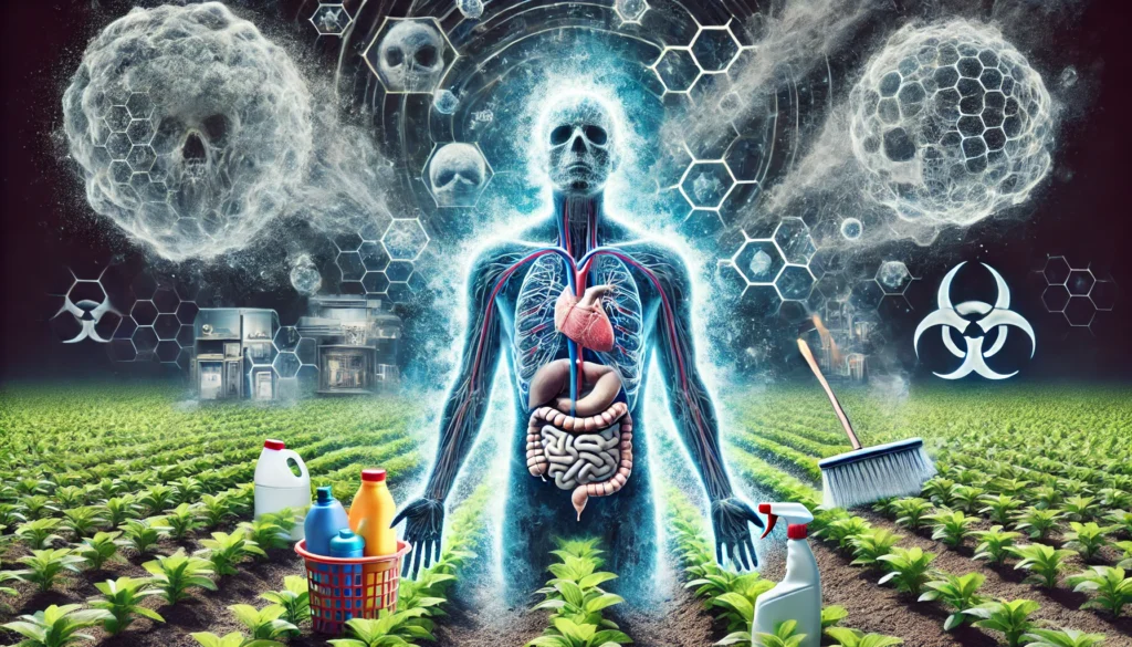 Features a person enveloped by invisible toxic particles, with an X-ray overlay revealing internal damage, while pesticides and household chemicals in the background highlight common sources of exposure.