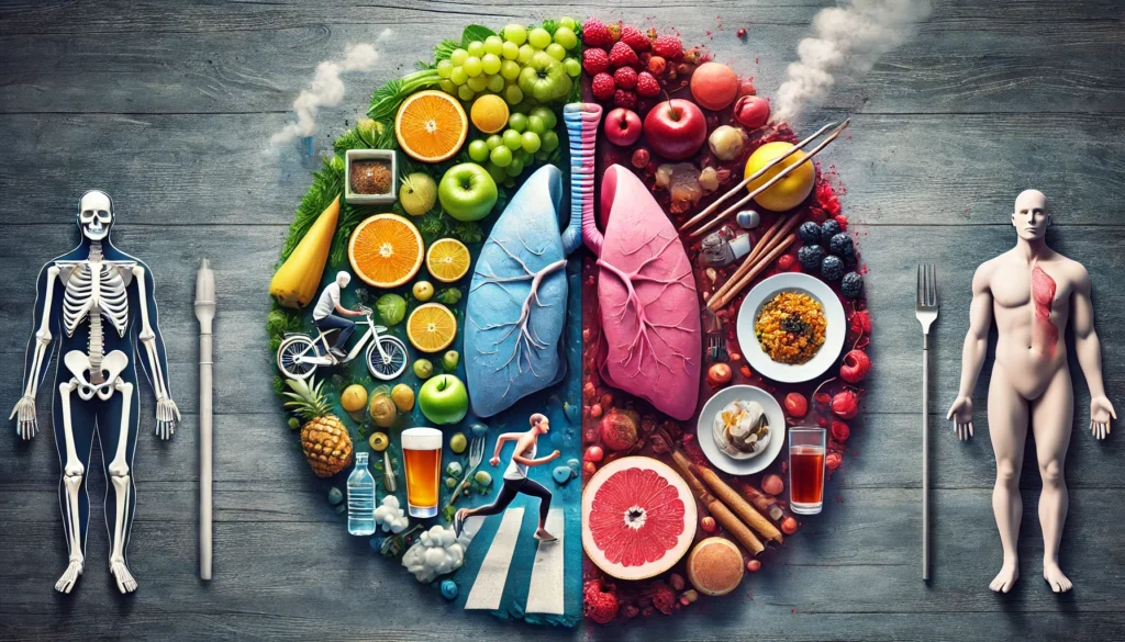 Contrasts a healthy lifestyle with exercise, fresh fruits, and clean air on one side against smoking, alcohol, and sedentary habits on the other, emphasizing the consequences of different choices.