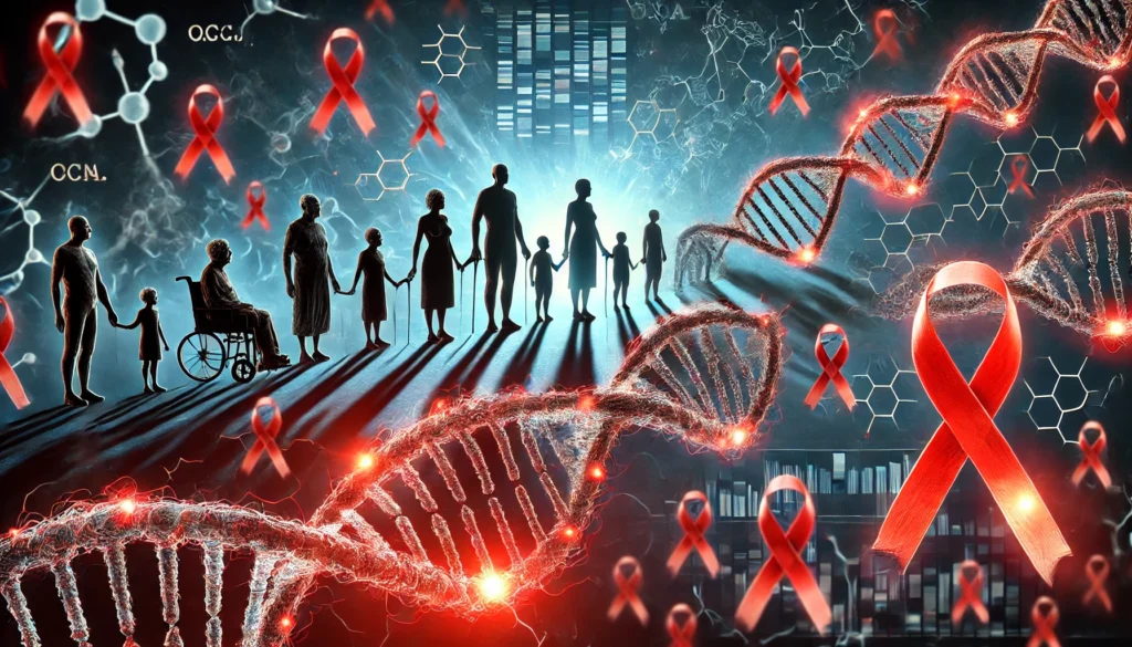 A conceptual image depicting the impact of genetic and hereditary factors on cancer risk. A glowing DNA strand weaves through shadowy figures representing multiple family generations. Certain segments of the DNA glow red, symbolizing mutations and inherited vulnerabilities to cancer. The dark background emphasizes the theme of genetic predisposition to disease.