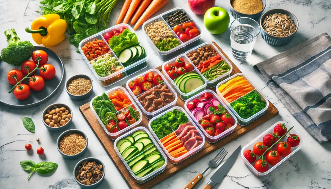 A well-organized meal prep with fresh vegetables, lean proteins, and healthy grains in portioned containers, representing a structured diet plan.