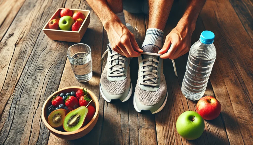 A close-up of a person tying running shoes with a water bottle and fresh fruit nearby, symbolizing the beginning of a healthy lifestyle journey.