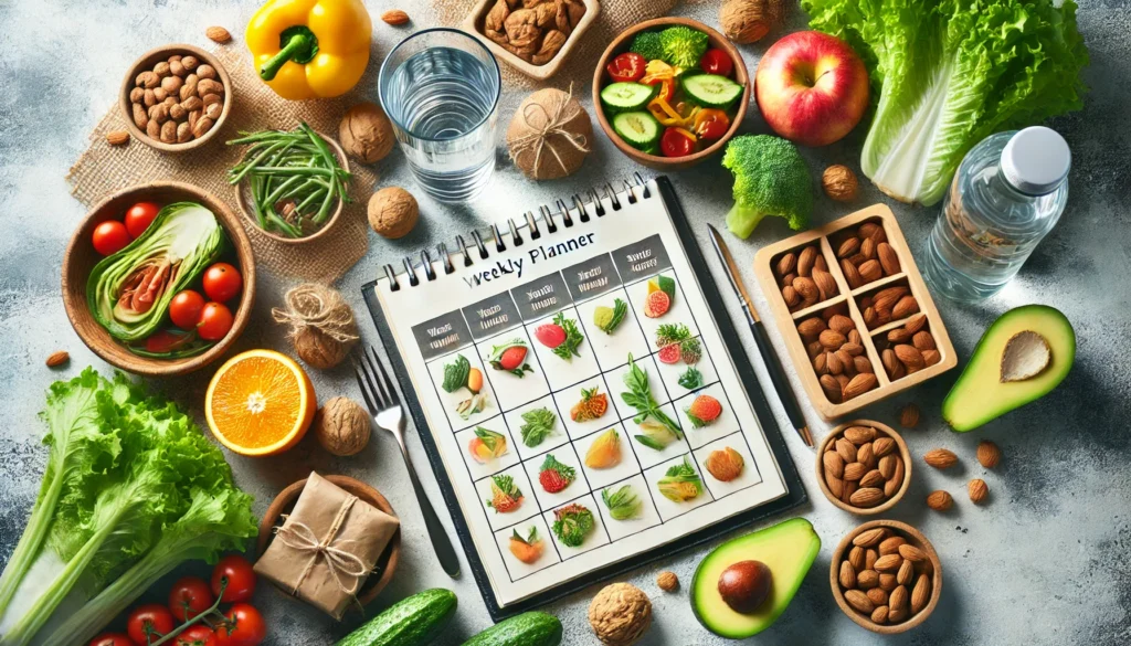 A neatly arranged weekly meal planner with fresh produce, nuts, and water, illustrating a structured approach to healthy eating.