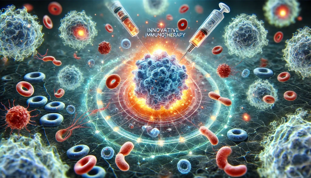 Visualization of immunotherapy with enhanced T-cells surrounding and destroying cancer cells, representing the power of biological treatments.