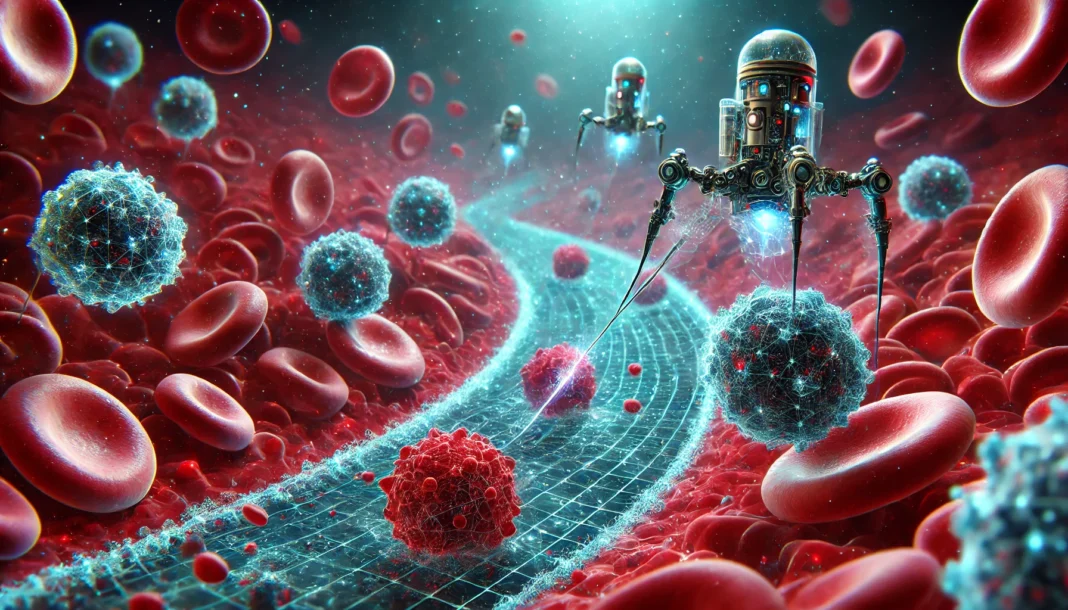 Microscopic view of futuristic nanorobots navigating the bloodstream, targeting and destroying cancer cells with precision.