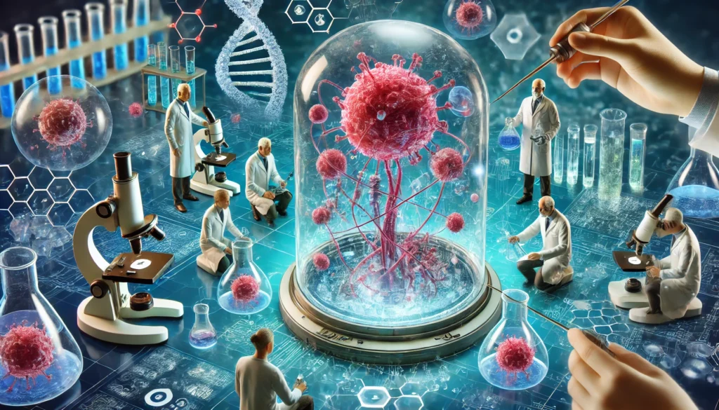 High-tech laboratory where scientists develop stem cell therapies to regenerate damaged tissues and combat cancer using advanced biological techniques.