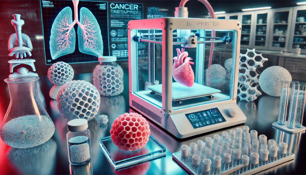 Futuristic bioprinting lab with a high-tech 3D bioprinter creating precise biological tissues and organs for personalized cancer therapy.