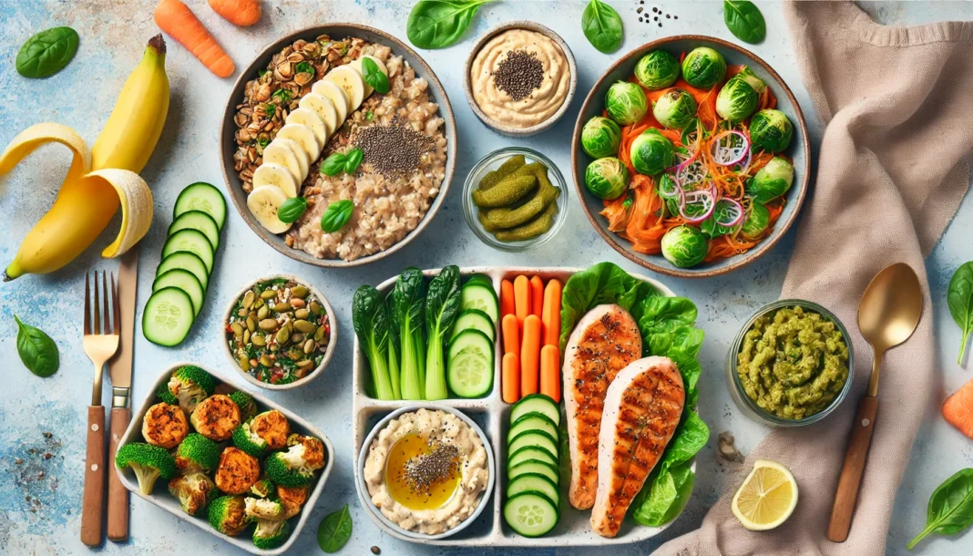 A top-down view of a healthy 1200-calorie meal plan, including oatmeal with banana and chia seeds for breakfast, grilled fish with brown rice and greens for lunch, hummus with carrot and cucumber sticks as a snack, and lean turkey with roasted Brussels sprouts and mashed cauliflower for dinner.