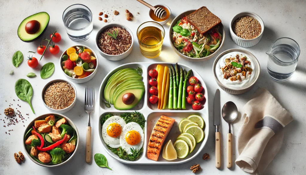 A modern 1200-calorie meal plan display featuring avocado, eggs, and whole-grain toast for breakfast; a lunch bowl with grilled salmon, quinoa, and steamed asparagus; a snack of Greek yogurt with honey and walnuts; and a dinner of chicken stir-fry with colorful bell peppers and brown rice.