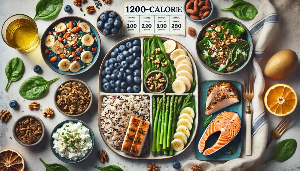 A visually appealing 1200-calorie meal plan featuring overnight oats with banana and walnuts for breakfast; a lunch of grilled chicken, wild rice, and steamed green beans; a snack of cottage cheese with blueberries; and a dinner of baked salmon, roasted sweet potatoes, and sautéed spinach.